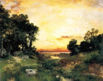  Island Oil Painting - Sunset Long Island Sound landscape Thomas Moran